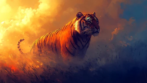 Tiger in cinematic dusk mist with blazing rim light profile.