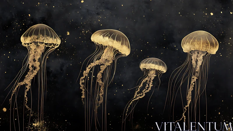 Golden jellyfish drift like lanterns through a starlit abyss