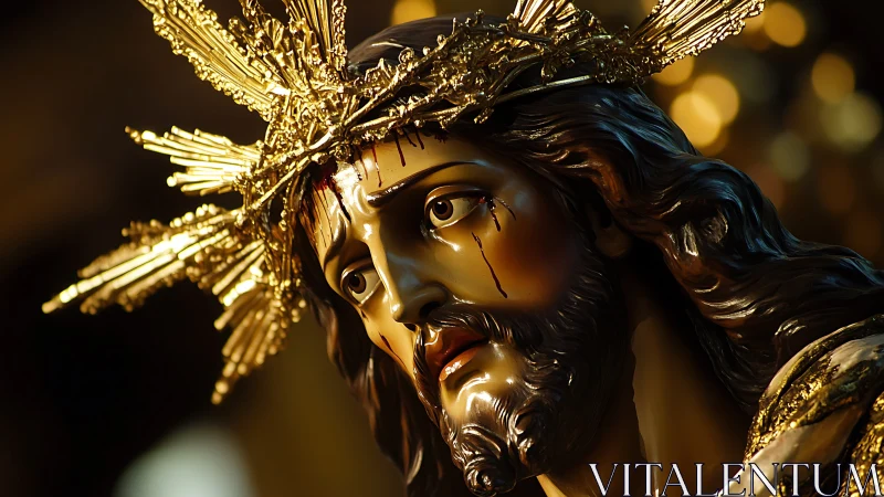 Gilded sorrowful Christ sculpture under dramatic warm light.