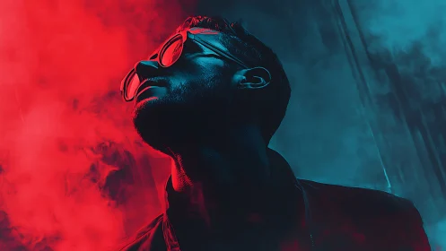 Silhouetted man in glasses under red and blue colored lighting.