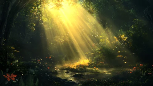 Sunlit forest glade where quiet water meets golden sky.