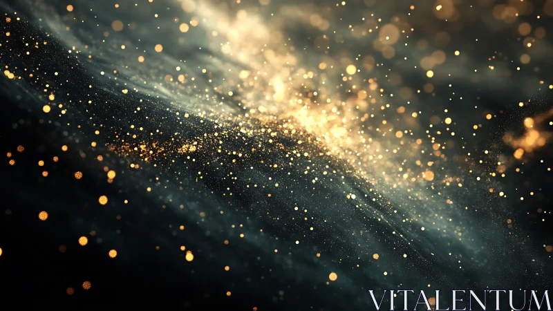 Golden particulate field suspended in dark spatial plane.