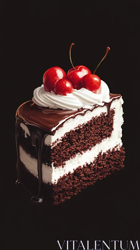 Layered chocolate cake slice with dark ganache and cherry garnish.