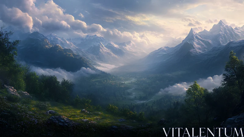 Sunlit mountain valley wrapped in drifting morning mist.