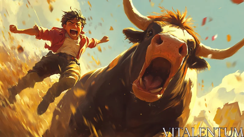 Wild sprint beside roaring bull in sunlit chaos.