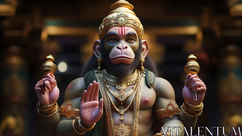 Simian deity figure in ornate temple interior lighting.