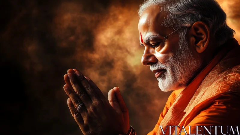 Elderly man in prayerful pose against dramatic warm glow.