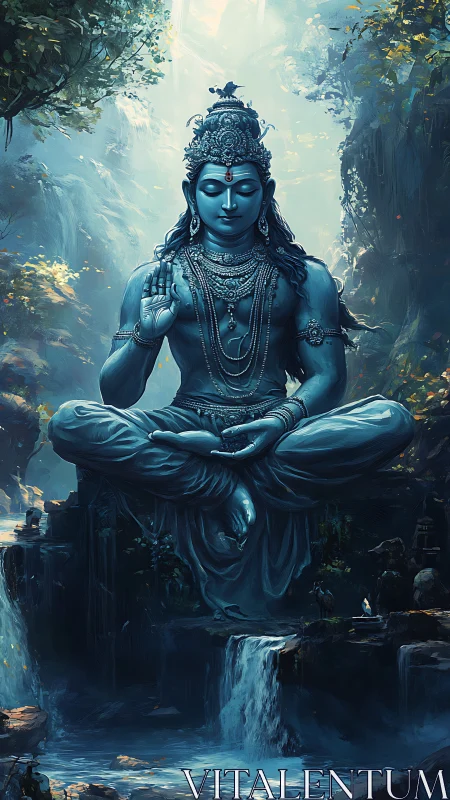 Blue meditative deity levitates over waterfalls in misty ravine