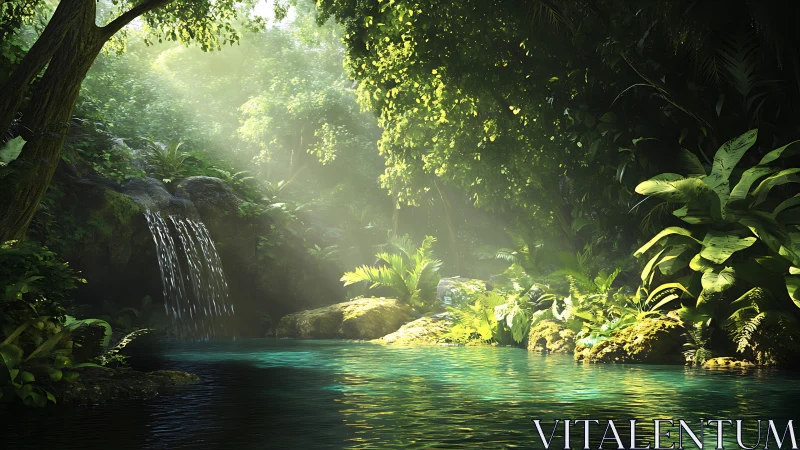 Luminous jungle pool with cascading waterfall, digital painting.