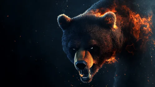 Fire-wreathed bear charges through darkness, embers blazing.
