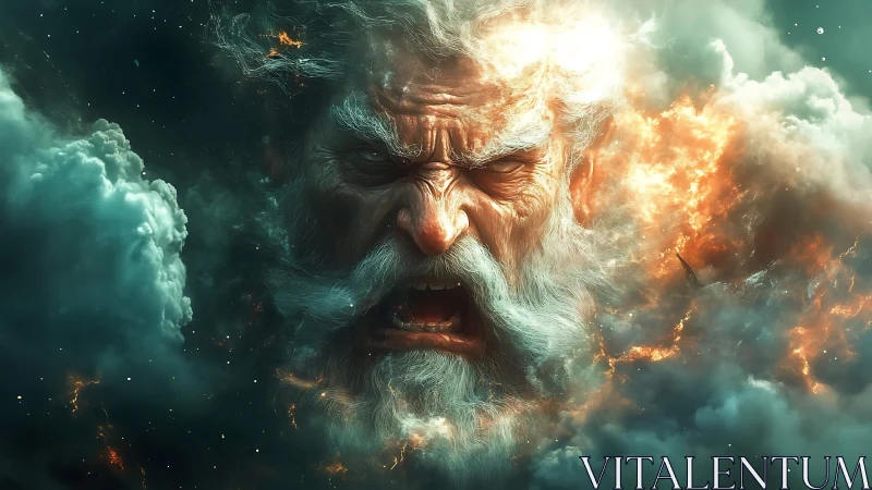 Mythic storm deity roaring through celestial fire clouds.