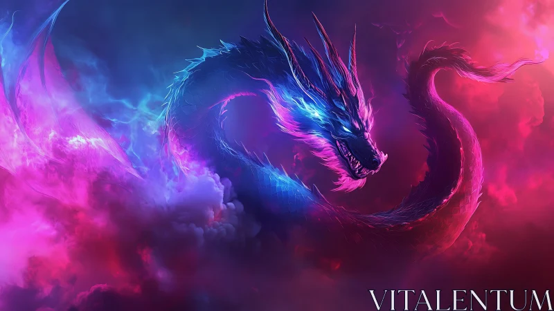 Bioluminescent neon dragon coiled in magenta storm clouds