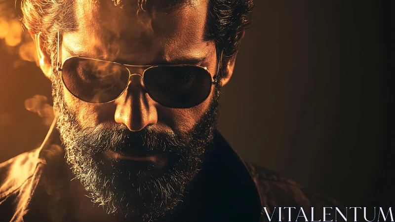Bearded man in sunglasses under moody warm lighting.