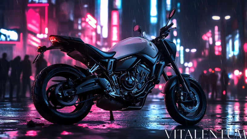 Neon rain motorcycle prowls a cyber-lit midnight boulevard.