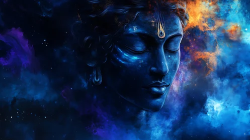 Cosmic blue deity dreaming quietly inside swirling nebulae.