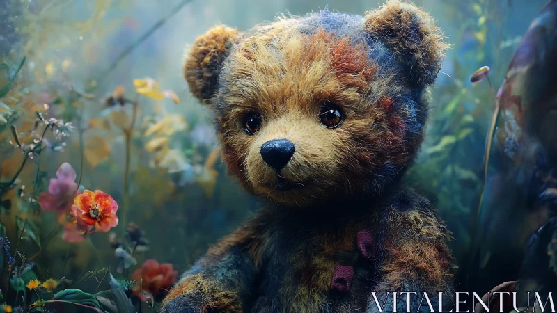 Teddy bear sits in detailed wildflower meadow environment