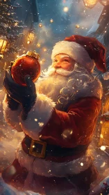 Santa studies glowing red bauble in snowy lantern-lit street