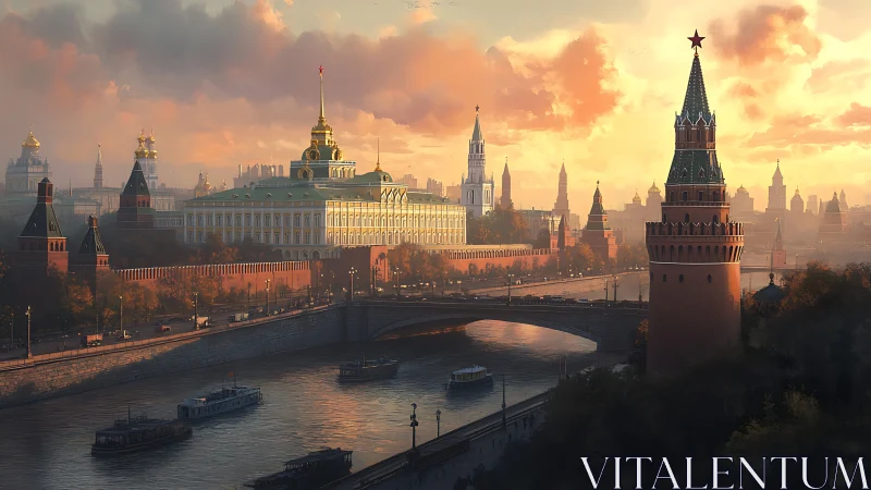 Golden sunset over riverside city towers and calm waterway.