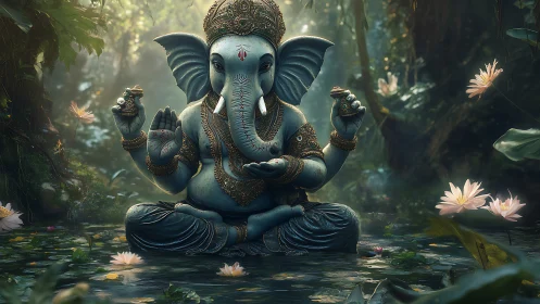 Elephant-headed deity breathes calm light into a lotus pond