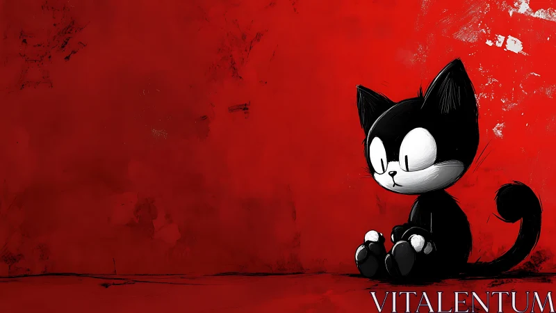 Quiet black cartoon cat rests softly against red silence