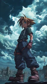 Heroic anime cityscape with storm-lit dynamic low angle framing.