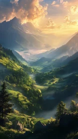 Sunlit valley riverdream under towering emerald peaks.