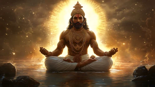 Golden robed figure meditating on water with radiant halo.