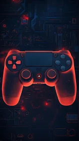 Neon Gaming Controller Against Circuit Board Landscape