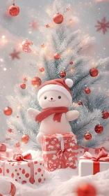 White plush bear with gifts before decorated winter tree.