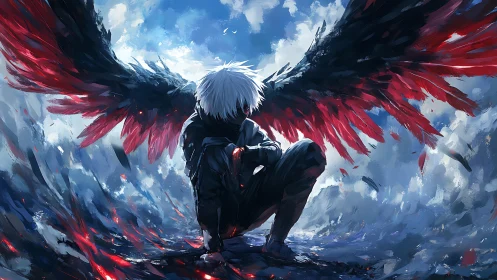 Winged humanoid crouching in storm of incandescent feathers.