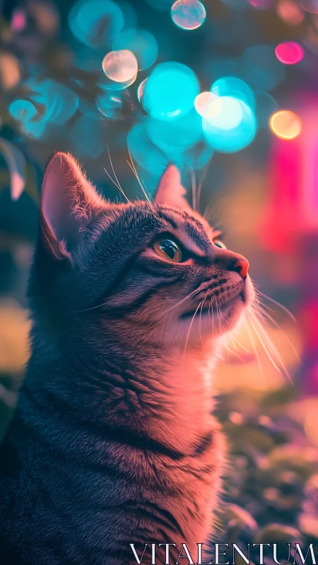 Neon Cat Gazing at Luminous Bokeh Lights.