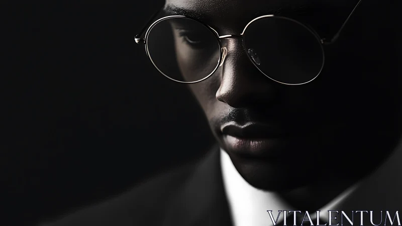 Quiet reflections in round glasses and tailored shadows.