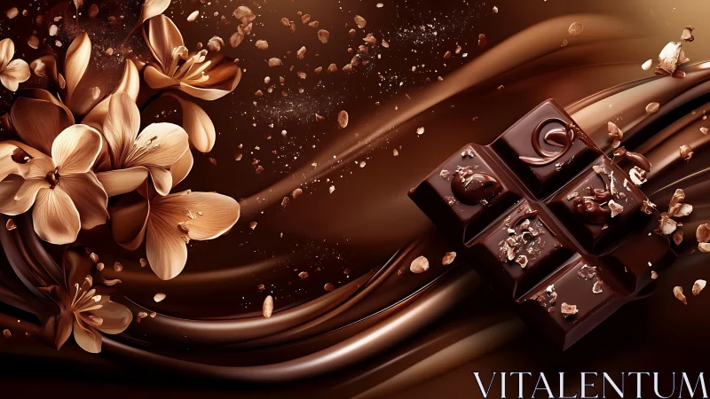Chocolate pieces float beside stylized cocoa flowers