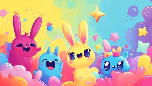 Candy-colored bunny friends splash through pastel stardust.