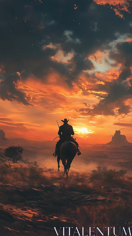 Lone rider follows the sun across a glowing desert horizon