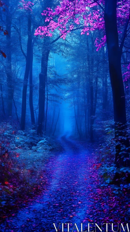Neon Forest Path Through Blue Woodland