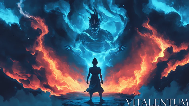 Lone figure confronts towering elemental spirit amid firestorm