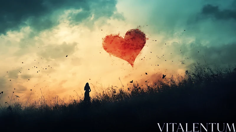 Solitary Figure Gazes at Luminous Heart in Vast Field