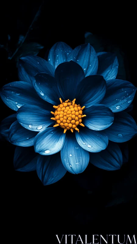 Blue Cosmos Bloom Against Darkness With Golden Center.