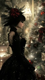 Gothic Christmas portrait of woman by illuminated tree in profile