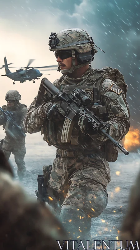 Stormlit soldier stride in a rain-soaked frontline moment.