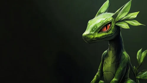 Leafy dragon creature with glowing red eyes on dark green