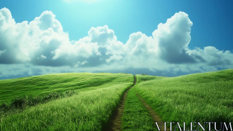 Grassy hillside path under volumetric cumulus cloud field at noon