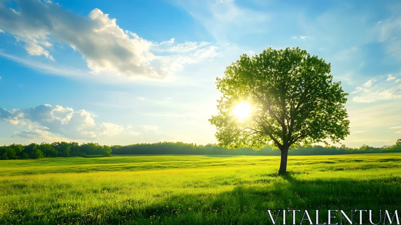 Sunlit tree stands peacefully in a wide green summer meadow