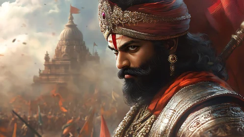 Armored warrior in jeweled turban before distant temple scene.