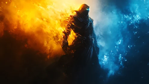 Fire and frost guardian striding through swirling twilight.