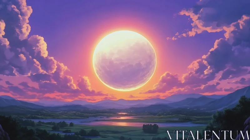 Radiant lunar sphere above twilight valley panorama.