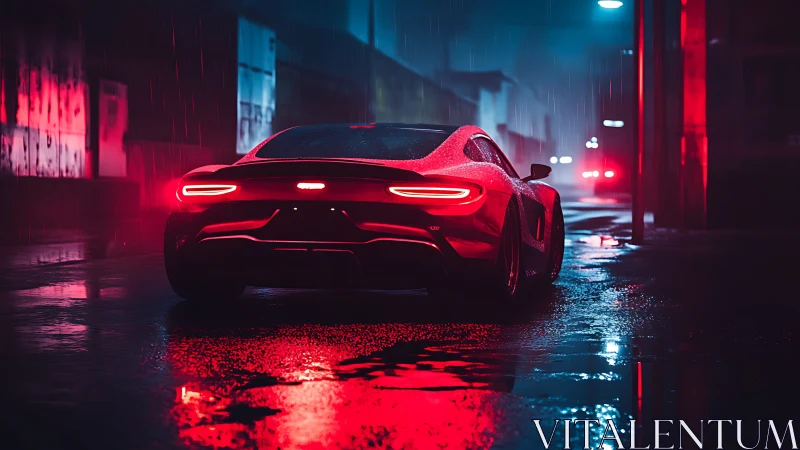 Midnight red sports car gliding through neon city rain.