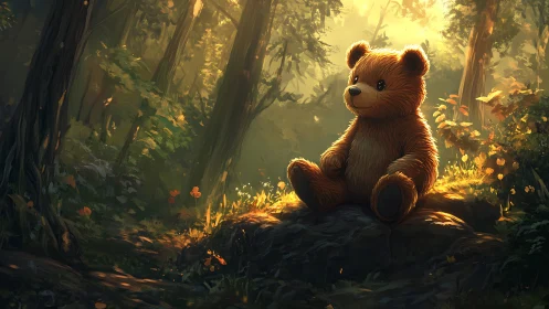 Gentle teddy bear rests in sunlit enchanted forest glade.