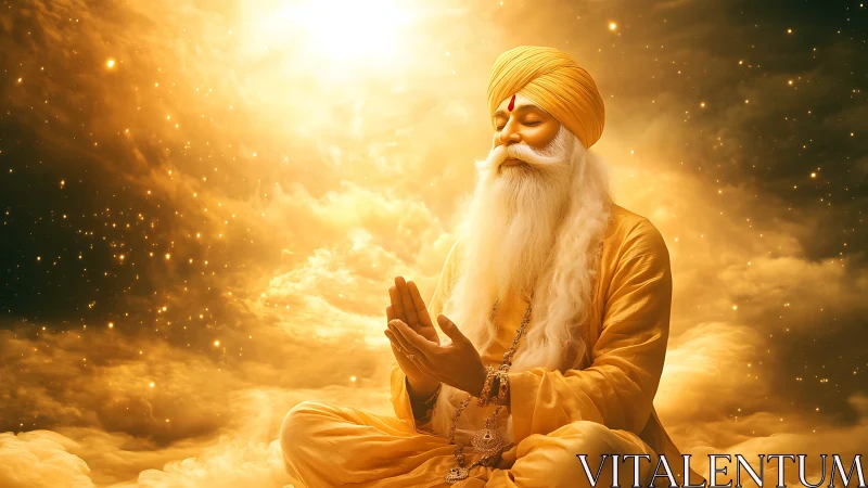 Golden-robed sage meditates within luminous celestial clouds